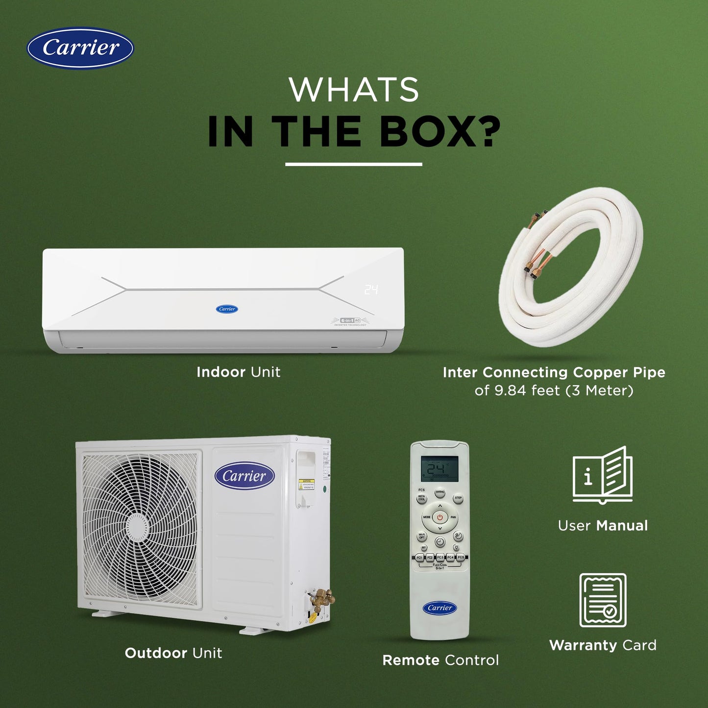 Carrier 1 Ton 3 Star Wi-Fi Inverter Split AC (Convertible 6-in-1 Cooling, Smart Display, PM 2.5 Filter, Wi-Fi, White)