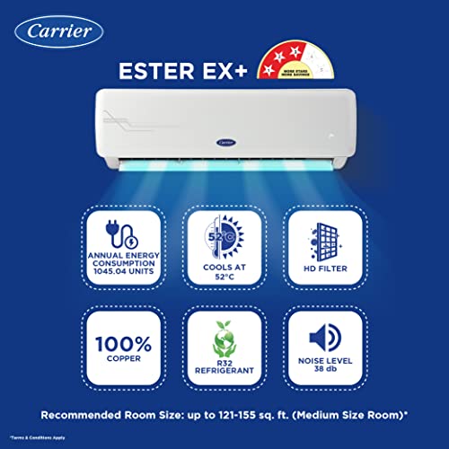Carrier 2 Ton 5 Star Wi-Fi Inverter Split AC (Copper, Convertible 6-in-1 Cooling, Smart Display, PM 2.5 Filter,White)