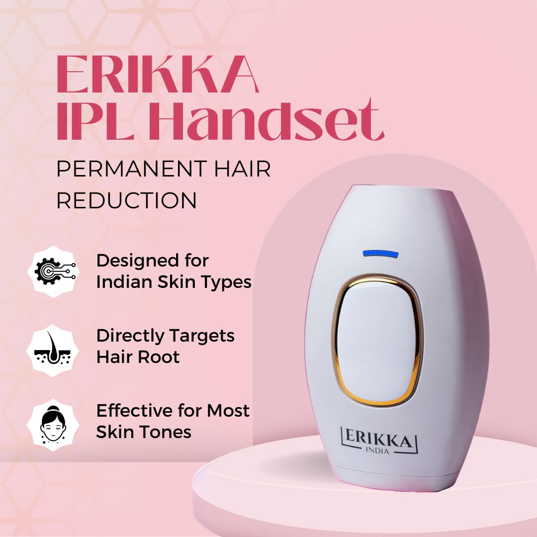Erikka India Ipl Hair Removal Handset, Advanced Diy Ipl Laser For Men And Women, Permanent Hair Reduction At Home, Works For Body And Facial Hair, 500,000 Flashes,12 Months Warranty By Erikka (White) - TECHTOYSHUB