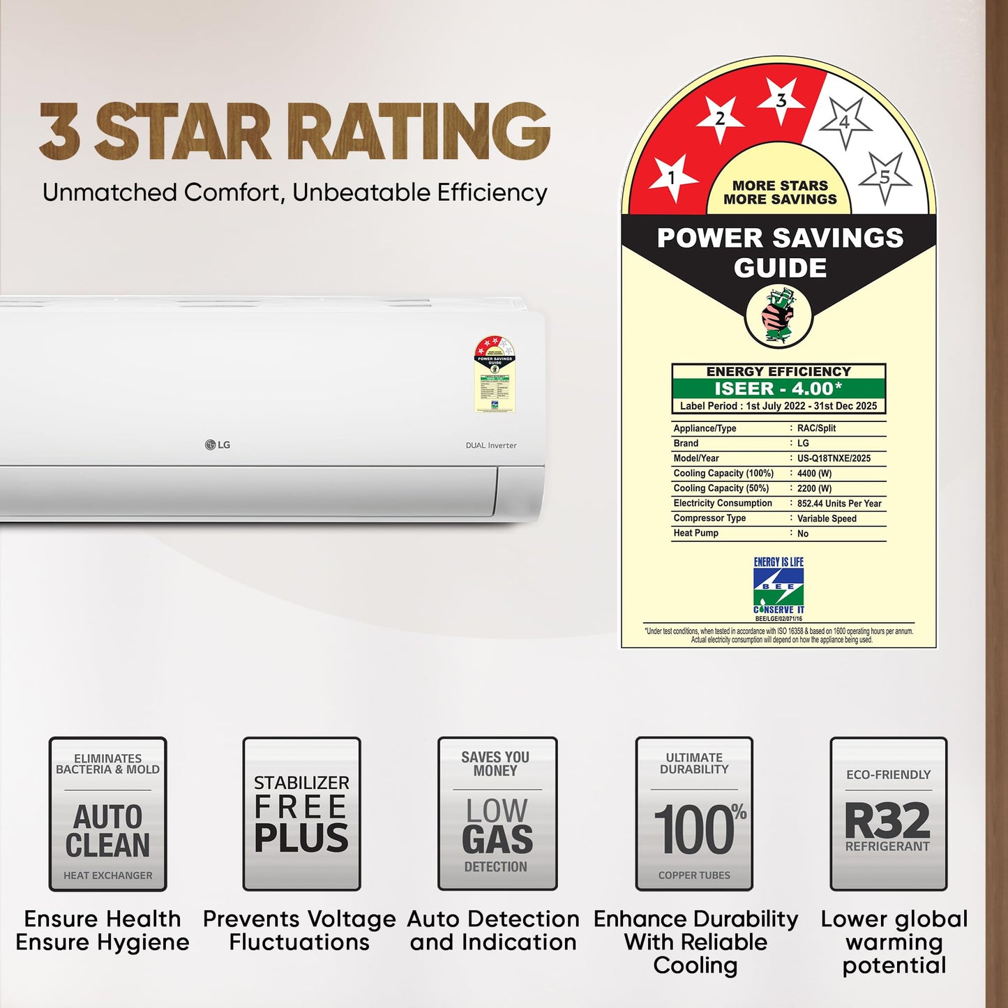 LG 1.5 Ton 3 Star DUAL Inverter Split AC (Copper, AI Convertible 6-in-1, HD Filter with Anti-Virus Protection, US-Q18JNXE, White)