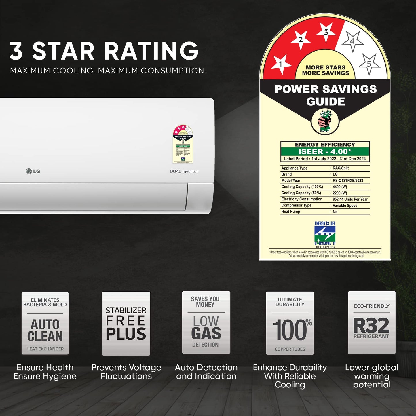 LG 1.5 Ton 3 Star DUAL Inverter Split AC (Copper, AI Convertible 6-in-1, HD Filter with Anti-Virus Protection, US-Q18JNXE, White)
