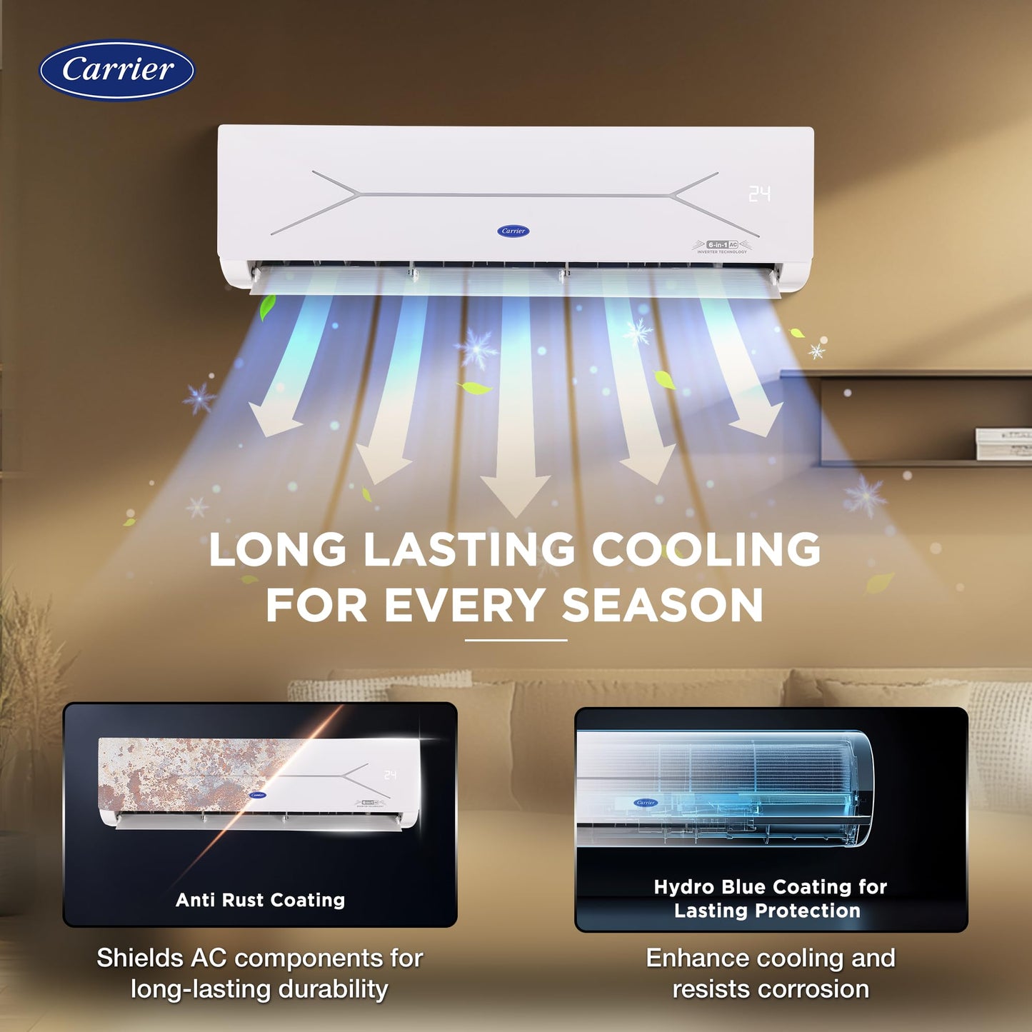 Carrier 2 Ton 5 Star Wi-Fi Inverter Split AC (Copper, Convertible 6-in-1 Cooling, Smart Display, PM 2.5 Filter,White)