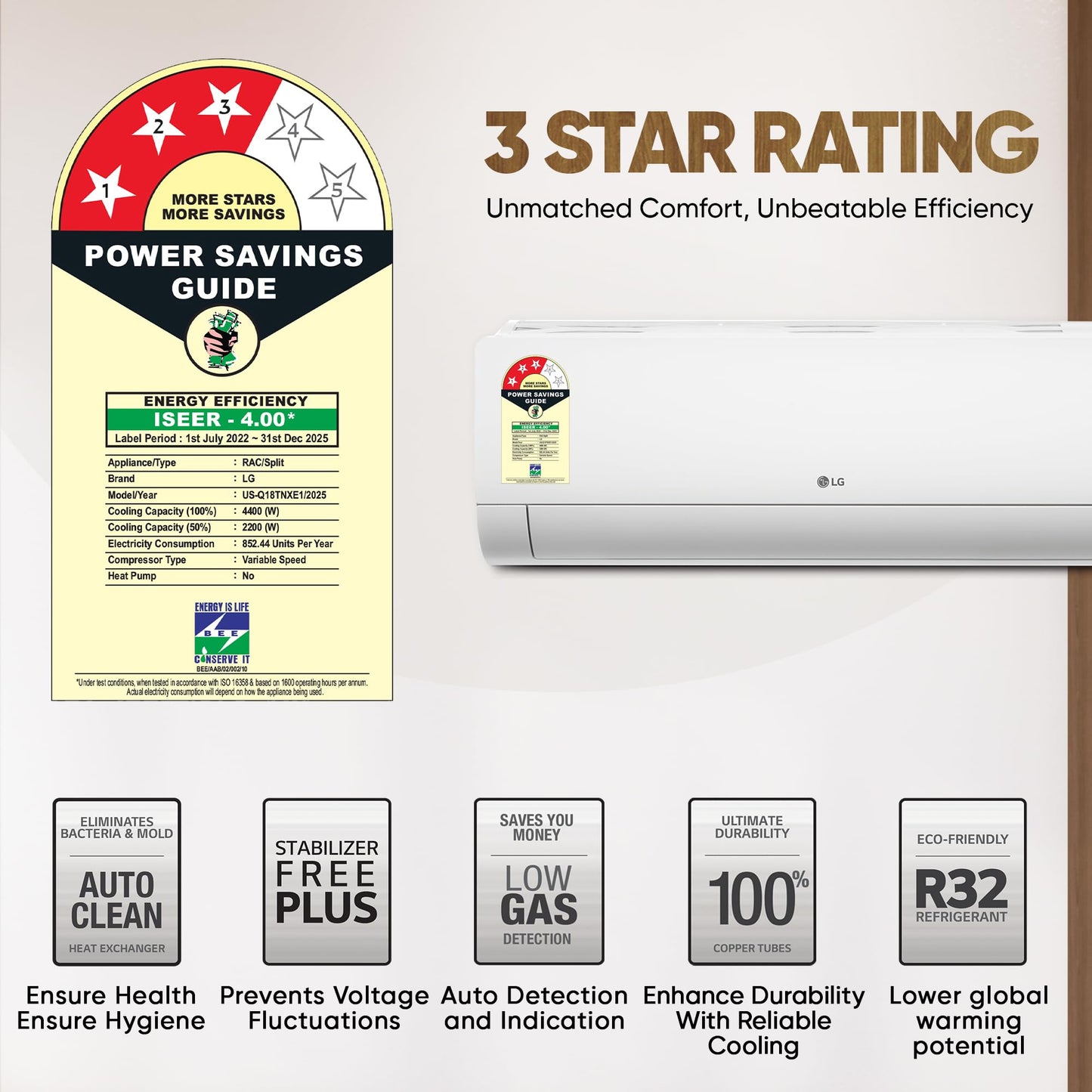 LG 1.5 Ton 3 Star DUAL Inverter Split AC (Copper, AI Convertible 6-in-1, HD Filter with Anti-Virus Protection, US-Q18JNXE, White)