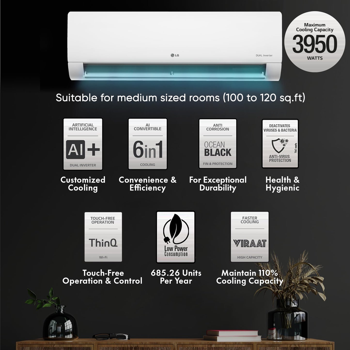 LG 1.5 Ton 3 Star DUAL Inverter Split AC (Copper, AI Convertible 6-in-1, HD Filter with Anti-Virus Protection, US-Q18JNXE, White)