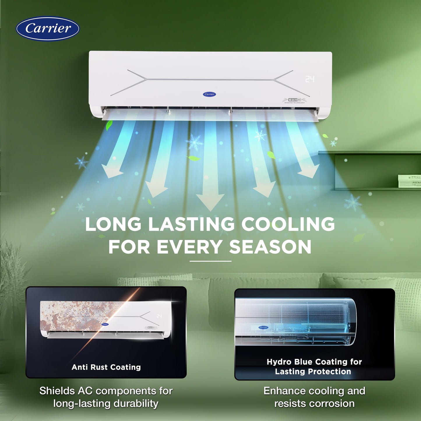 Carrier 1 Ton 3 Star Wi-Fi Inverter Split AC (Convertible 6-in-1 Cooling, Smart Display, PM 2.5 Filter, Wi-Fi, White)