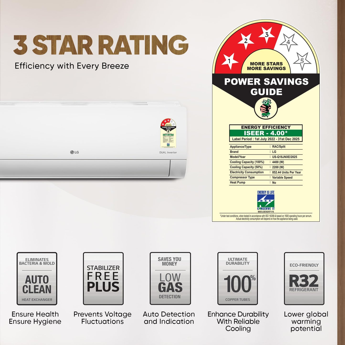LG 1.5 Ton 3 Star DUAL Inverter Split AC (Copper, AI Convertible 6-in-1, HD Filter with Anti-Virus Protection, US-Q18JNXE, White)