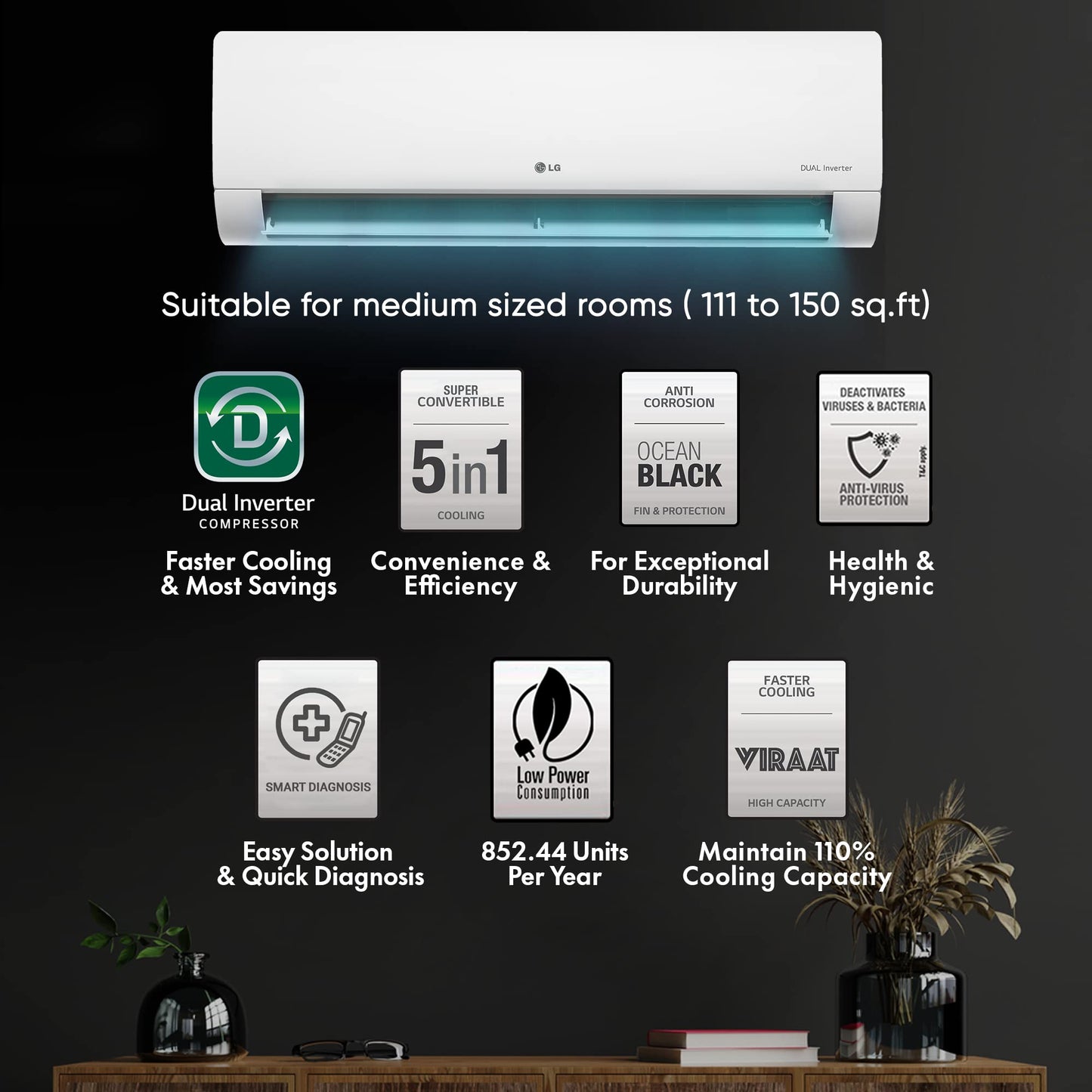 LG 1.5 Ton 3 Star DUAL Inverter Split AC (Copper, AI Convertible 6-in-1, HD Filter with Anti-Virus Protection, US-Q18JNXE, White)