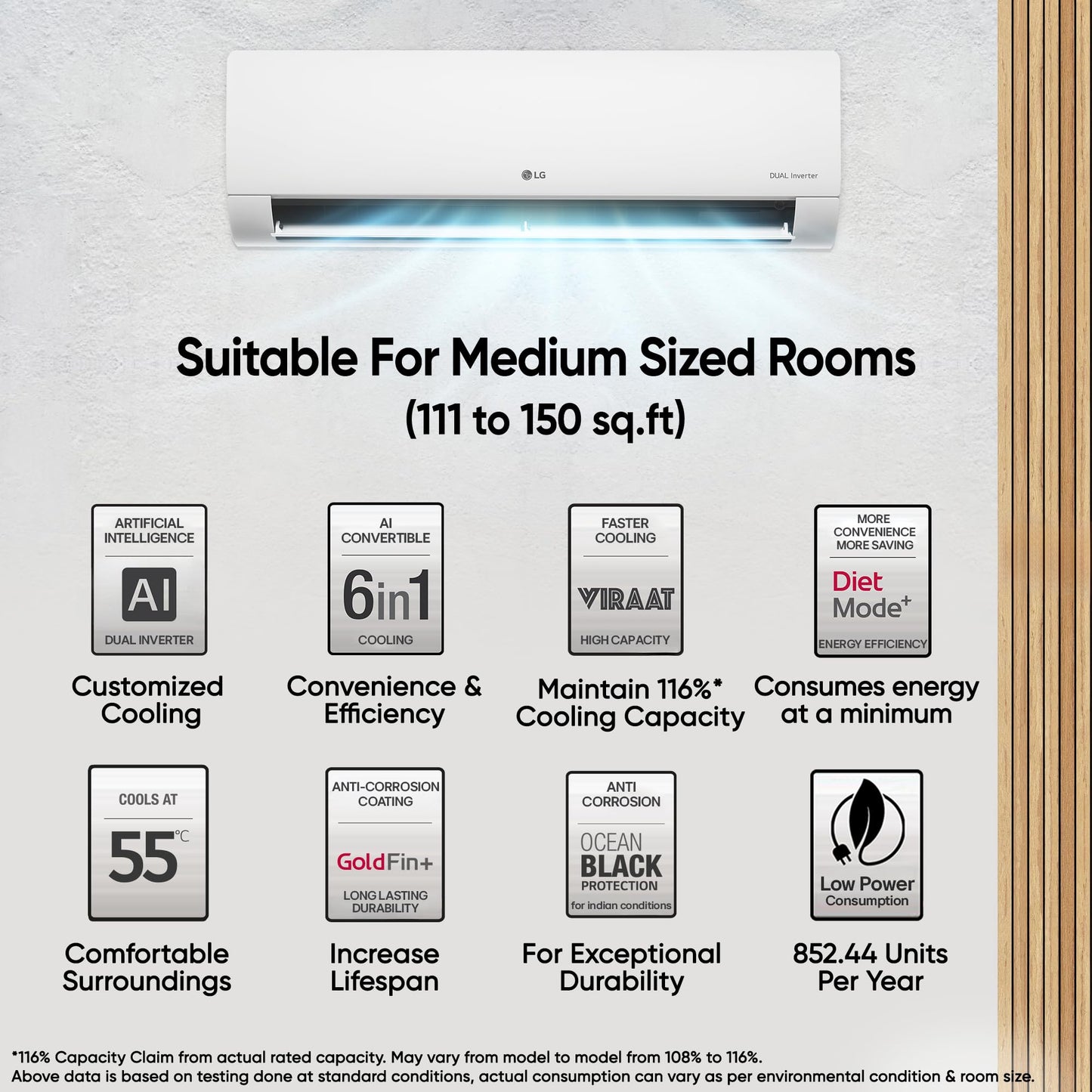 LG 1.5 Ton 3 Star DUAL Inverter Split AC (Copper, AI Convertible 6-in-1, HD Filter with Anti-Virus Protection, US-Q18JNXE, White)