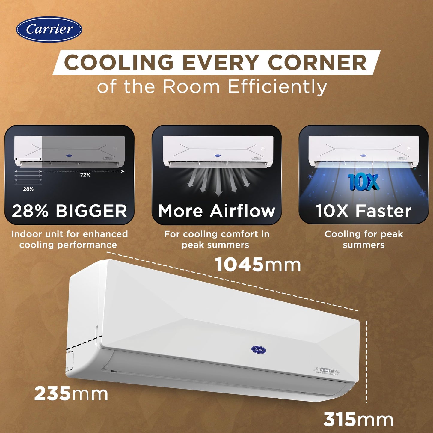 Carrier 2 Ton 5 Star Wi-Fi Inverter Split AC (Copper, Convertible 6-in-1 Cooling, Smart Display, PM 2.5 Filter,White)